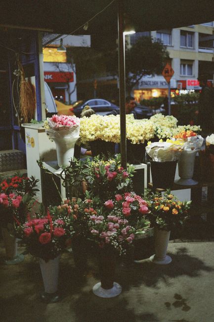 A display of fresh flowers at an outdoor floral stand during evening lighting, featuring various arrangements with pink roses, white hydrangeas, and mixed seasonal blooms in white ceramic and plastic 